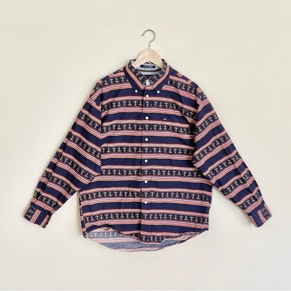 Vintage Tommy Hilfiger Nautical Striped Anchor Print Button Down Shirt Men’s L